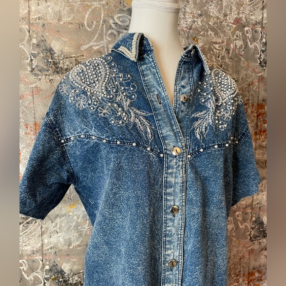 Dolly Denim Tops - Dolly Denim London 100% Cotton button up western shirt embellished with pearls.